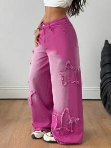 Coolane 女款饶舌歌手运动休闲垃圾摇滚星形图案水洗牛仔裤