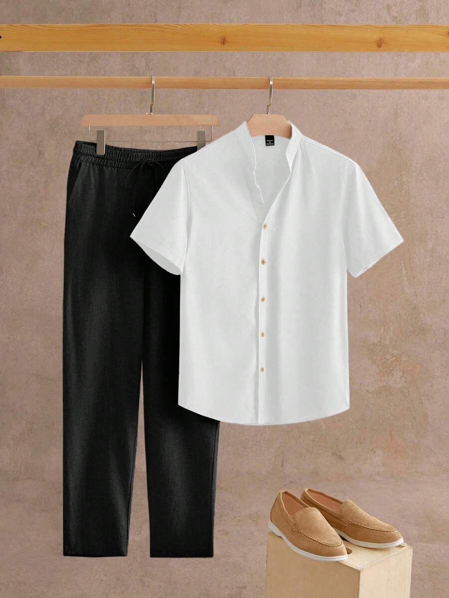 HIMLAND 2 piezas Conjunto casual de verano para hombres con camisa de manga corta de cuello vuelto y ajuste delgado - Multicolor - Ver 1