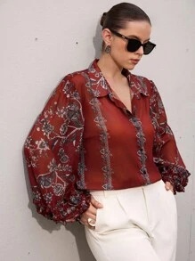 Aveloria Modichic Plus Size Chiffon Floral Print Puff Sleeve Ruffle Hem Long Sleeve Blouse Fall Cloth For Women - Multicolor - View 7