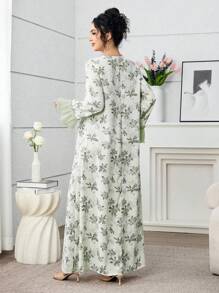 Yasmyna Túnica larga tradicional turca y árabe para mujer con estampado de acuarela, mangas acampanadas y ribete de encaje