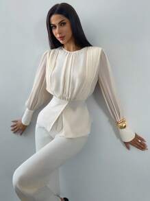 Firerie 女士优雅秋冬百搭办公室通勤商务休闲纯色浪漫褶皱 A 字形圆领长袖褶皱设计优雅雪纺衬衫/褶皱上衣，教师工作/度假/商务休闲女士/教师/返校/教师/轻盈舒适工作/办公室女士 - 白色 - 查看 6