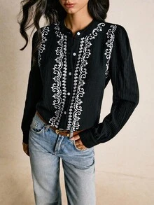 Poéselle 女士优雅花卉印花泡泡袖单排扣衬衫、波西米亚风复古印花、长袖衬衫、波西米亚风格女式衬衫、长袖衬衫、秋季女式衬衫、西部上衣、女式衬衫和衬衫、纽扣衬衫、波西米亚风衬衫 - 黑色 - 查看 5