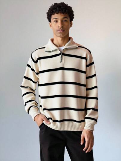 SHEIN 青少年男孩休闲纯色拉链立领条纹针织毛衣，百搭百搭上衣，适合通勤、上学、日常休闲、旅行、户外、大学派对、秋冬季