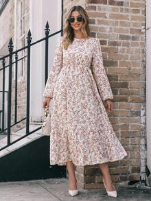 EMERY ROSE 女士圆领碎花长袖节日连衣裙长款女装 - 杏色 - 查看 6