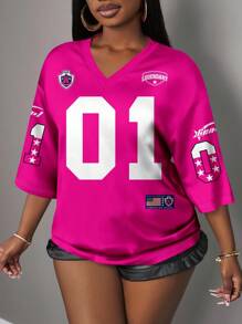 宽松休闲V领短袖T恤，适合青少年女孩，适合夏季