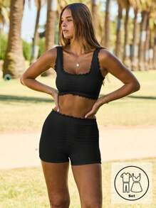 Aralina 女士休闲纯色蕾丝花边荷叶边运动吊带背心和短裤套装