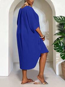 Slaydiva 2025 Novo Conjunto Rave/Páscoa Mulheres, Estilo Old Money Mulheres, Conjunto de Concerto Country, Conjuntos para Sair, Fairycore, Conjuntos de Festival, Roupas de Férias Tropicais Mulheres, Conjuntos de Verão para Mulheres, Verão, Rave, Verão Europeu, Conjuntos de Primavera, Vestuário Ocidental Mulheres Plus, Concerto, Conjunto de Formatura, Versátil Diário Simples Casual Básico Sexy/Minimalista Plus Size, Vestuário Ocidental Mulheres Plus, Vestido Curto de Manga Curta Cor Sólida Casual - Azul - Visão 2