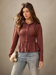 Wildy Camisa casual de mujer de unicolor, de manga larga, con pliegues y abotonadura sencilla