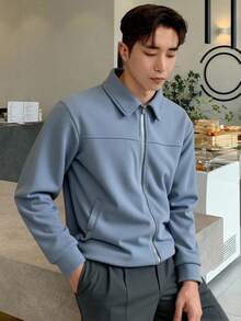 SHEIN Teen Boys' Casual Comfortable Versatile Solid Color Collar Jacket, Suitable For Autumn And Winter Fall - Blue - View 3