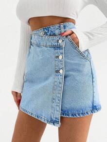 EURMUSE WOMEN MINI SKIRT SNOW WASH BUTTON DETAIL PETITE - Light Wash - View 1