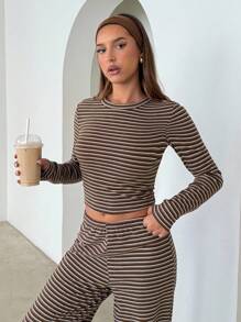 Aloruh Women's Casual Homewear Pajama Set, Includes Striped Crew Neck Long Sleeve Tee And Loose Striped Straight Leg Pants, Suitable For Daily Wear, Sports, Autumn/Winter, Back To School Clothes Brown Striped Two Piece Set - Brown - View 6