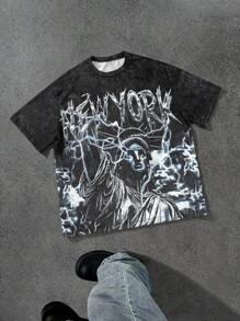 Manfinity Roghcode Manfinity Streetrush Men's Fashion Casual Statue Of Liberty Print Round Neck Short Sleeve T-Shirt, 2000s Style - Multicolor - View 1