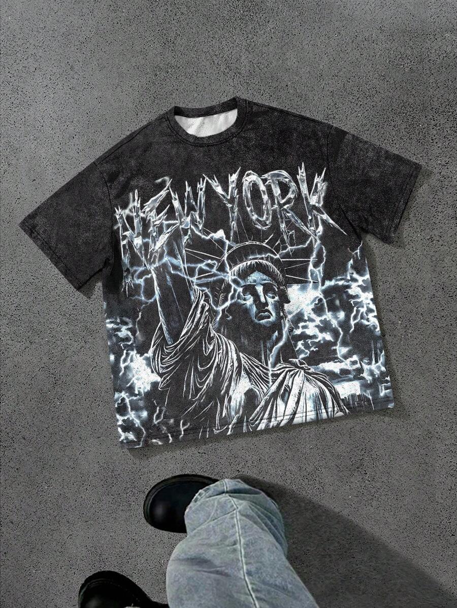 Manfinity Roghcode Manfinity Streetrush Men's Fashion Casual Statue Of Liberty Print Round Neck Short Sleeve T-Shirt, 2000s Style - Multicolor - View 1