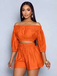 SOLERSUN Women's Summer Beach Vacation Style Puff-Sleeve Ruffle Off-Shoulder Crop Top & Pocketed Shorts,Ladies Casual Ruffle Hem,Shirred Short Sleeve Regular Fit Viscose Puff Sleeve Pants Women Two Pieces Outfits,Casual Daily Wear Two-Piece Set - Orange - View 6