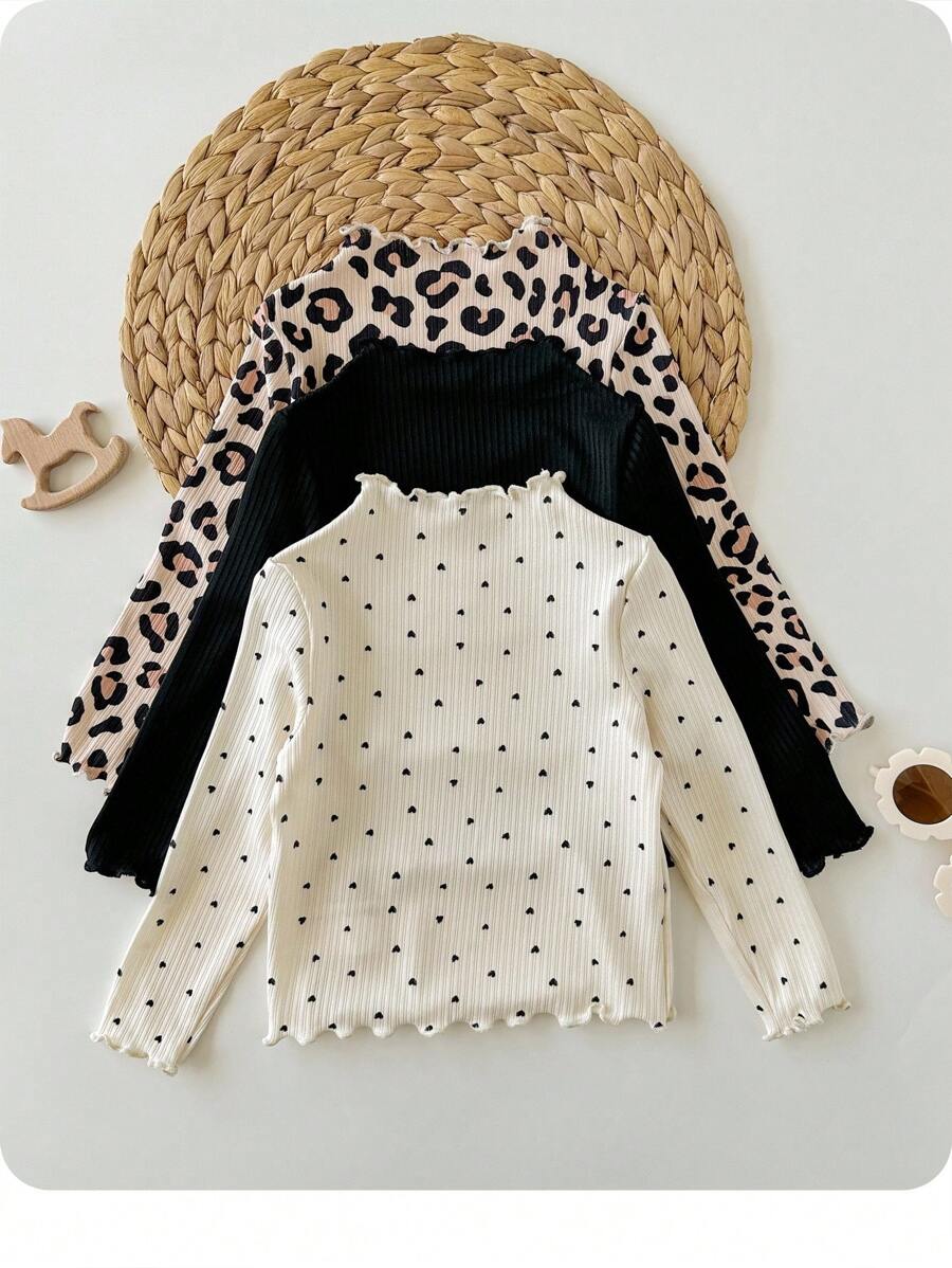 SHEIN 3件套女婴休闲百搭豹纹和波尔卡圆点图案针织长袖上衣 - 杏色 - 查看 1