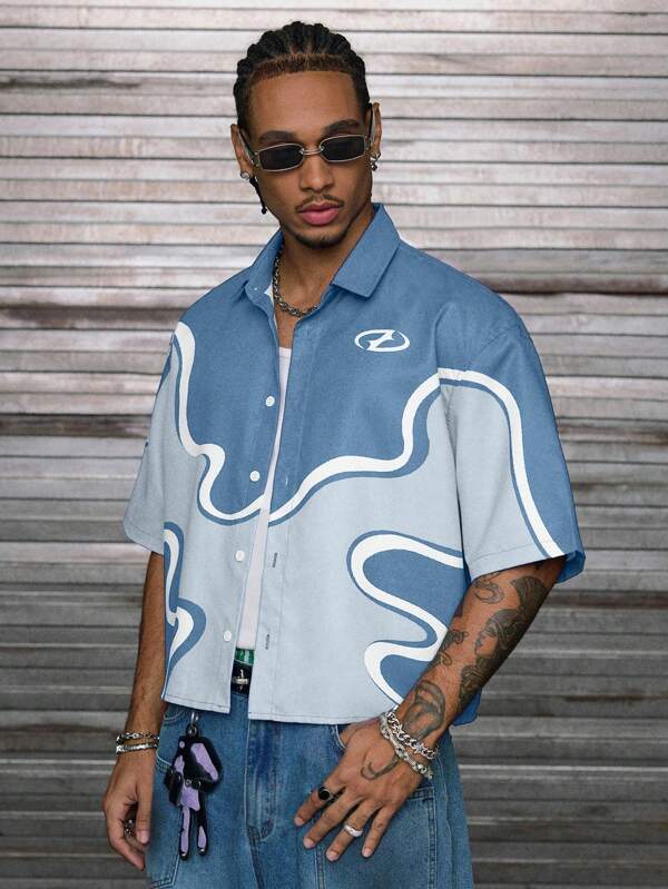 AXEPEAK Camisa de manga corta con cuello vuelto y estampado digital de corte holgado para hombre