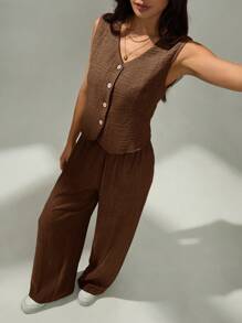 SHEIN PETITE 女装夏季休闲纯色V领无袖背心和宽松阔腿裤棕色两件套女士棕色阔腿裤 - 棕色 - 查看 7