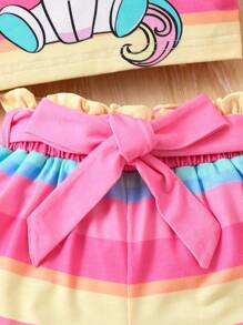 SHEIN Genkimix Kids 女孩獨角獸印花彩虹條紋短袖t卹+短褲套裝