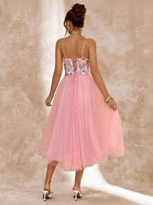 SHEIN BAE Spring & Summer Solid Pink Puff Skirt Floral Sequined Elegant Mid-Length Princess Dress, Perfect For Brunch, Bridesmaids Gown, Guest Attire, Graceful Dress