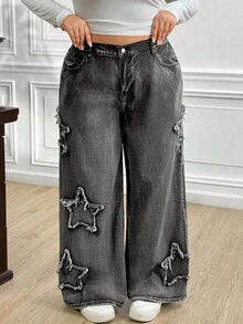 Truni Awkwardfatgirl Plus Size Women Frayed Edge Star Pockets Wide Leg Loose Casual Jeans, For Pear Triangle Body Shape - Black - View 1