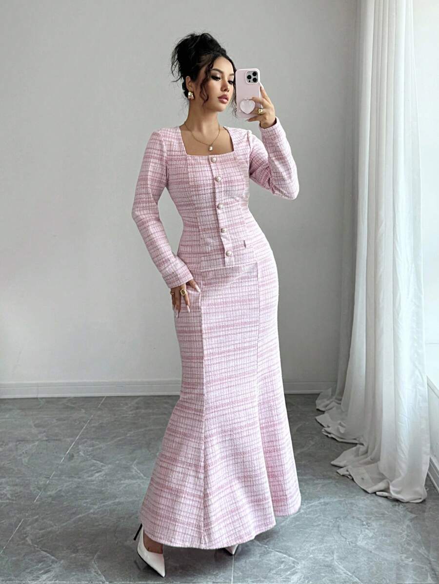 Elenzga Vestido de oficina elegante y romántico para mujer con cuello cuadrado, cintura ceñida y bajo de cola de pez - Multicolor - Ver 1