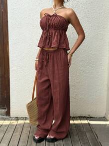 SHEIN EZwear Rust Brown Boho Two-Piece Bandeau Outfit With Ruched Bust Design And Flowy Sleeveless Arm Style - Rust Brown - View 4