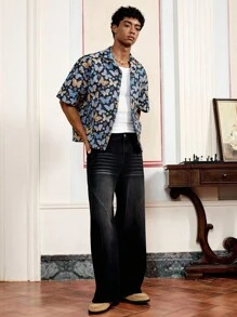 SWAVVY Men's Casual Vacation Style Allover Butterfly Print Short Sleeve Loose Shirt, Summer - Multicolor - View 7