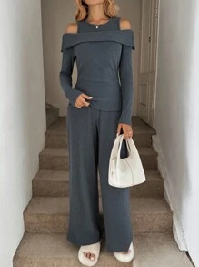 Easowa 2pcs Women Cutout Shoulder Long Sleeve Top And Wide Leg Pants Set, Comfortable Casual Loose Elegant Commuter Outfit Knit Two Piece Set Comfortable Two Piece Set Long Sleeve Jumpsuits For Women Off The Shoulder Two Piece Set