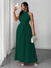 Elenzga Váy dự tiệc cưới thanh lịch lãng mạn cỡ lớn dành cho nữ, cổ yếm, thắt eo, xếp ly - Màu xanh lá cây đậm - Xem 1