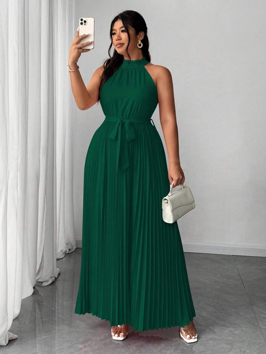 Elenzga Váy dự tiệc cưới thanh lịch lãng mạn cỡ lớn dành cho nữ, cổ yếm, thắt eo, xếp ly - Màu xanh lá cây đậm - Xem 1