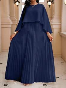 Fleurora 2025 New Plus Size Navy Blue Solid Color Pleated Dress, Fashionable Summer Women Church Dresses Festival Elegant Classy Fall Clothes For - Navy Blue - View 5