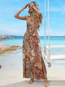 Breezaya Paisley Print Strappy Backless Cami Dress Maxi Vacation Beach Outfits Women - Multicolor - View 8