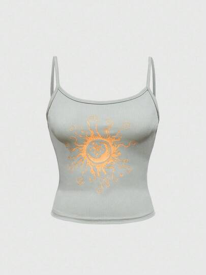 Hippie Canotta casual aderente a costine con stampa solare da donna