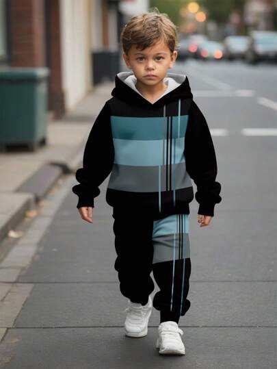 SHEIN 2Pcs Young Boys Casual Loose Fit Thermal Lined Hoodie & Sweatpants Set, Suitable For Autumn And Winter