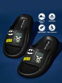 BATMAN X SHEIN Cute Cartoon Pattern Children's Black Slip-On Slippers Toddlers & Kids Non-Slip Quick-Drying Shower Slide, Lightweight And Durable EVA Material, In The House, Bthroom, Playground, Swimming Pool, Beach Indoor Outdoor - Black - View 2