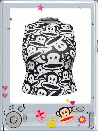 Paul Frank X ROMWE Top corto y ajustado con estampado total del logo de la calle Y2K Baddie, talla grande