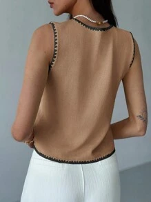 Aloruh Cardigan fino sem mangas com acabamento contrastante e botões na frente para mulheres - Caqui - Ver 2