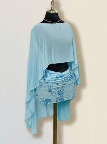 SHEIN ICON Women's Blue Loose Vacation Casual Shawl Top With Multi-Wear Style, Asymmetric Neckline, Open Back, And Tie Strap - Blue - View 5