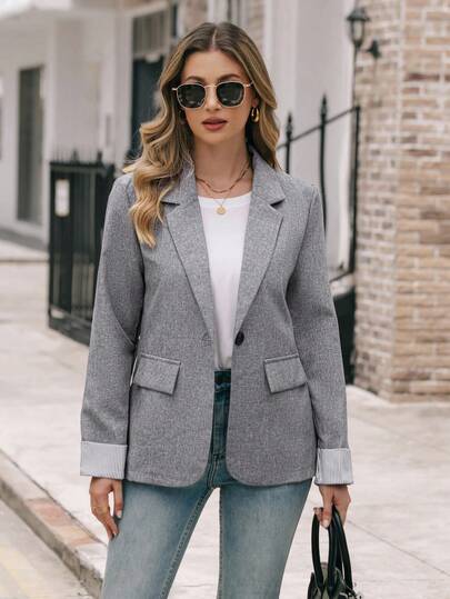 EMERY ROSE Gray Striped Lapel Collar Long Sleeve Women's Blazer Jacket