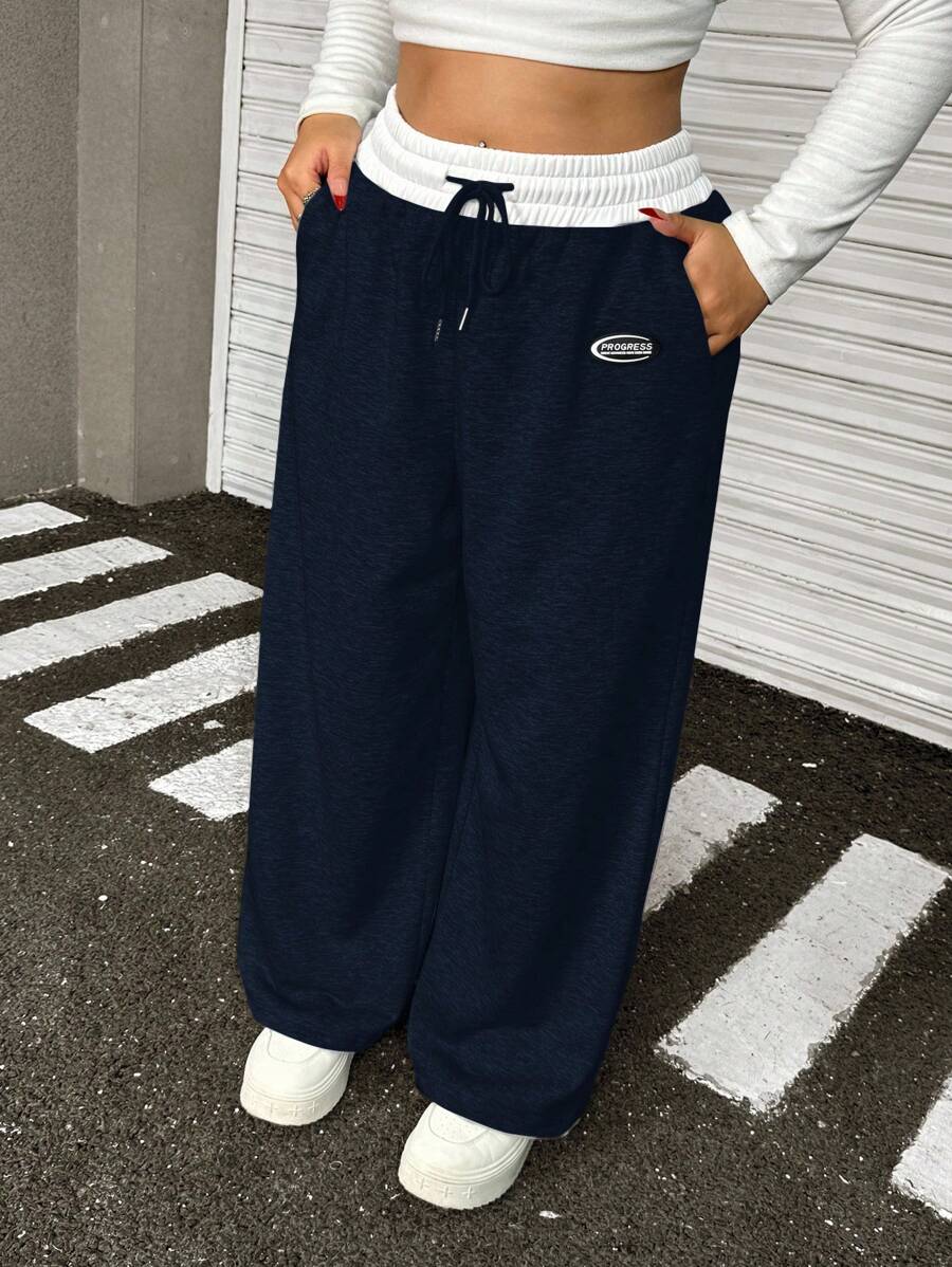 Muchica Pantalón de chándal holgado de talla grande con cintura en contraste azul marino