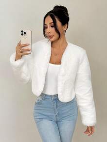 SHEIN PETITE Women's Solid Color Elegant Fashion Faux Fur Long Sleeve Jacket, Autumn/Winter White Faux Fur Jacket