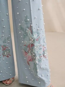 Anewsta Luxury Embroidered, Sequined, Beaded, 3D Floral Design Light Blue Wide Leg Pants For Women - Blue - View 2
