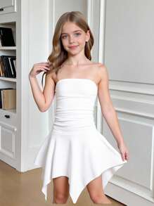 SHEIN 青少年女孩休闲时尚百搭褶皱腰拼接不对称荷叶边下摆连衣裙，白色连衣裙，适合周末、休闲外出、返校、毕业派对、生日聚会、秋冬