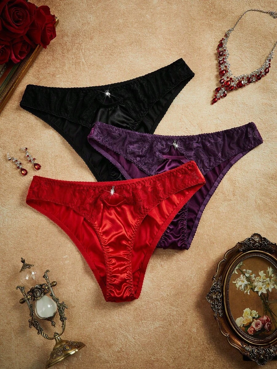 PinupPomp Women's Rhinestone Decor Lace Patchwork French Crepe Panty - Multicolor - View 1