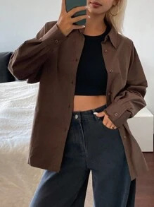 DAZY Women's Solid Color Loose Split Button Waist Long Sleeve Casual Elegant Blouse, Spring/Autumn,Fall Women Clothes - Coffee Brown - View 3