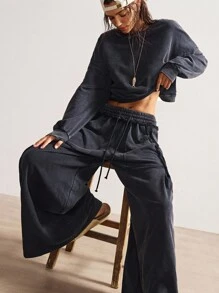 Bohemela 2 件女士休闲纯色针织长袖宽松运动衫和高腰宽松阔腿裤套装 - 黑色 - 查看 8