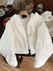 Comfortcana Women's Fashionable White Short Hooded Faux Fur Coat In Fall/Winter - White - View 1