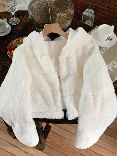 Comfortcana Abrigo corto con capucha de piel sintética blanco de moda para mujer en otoño/invierno