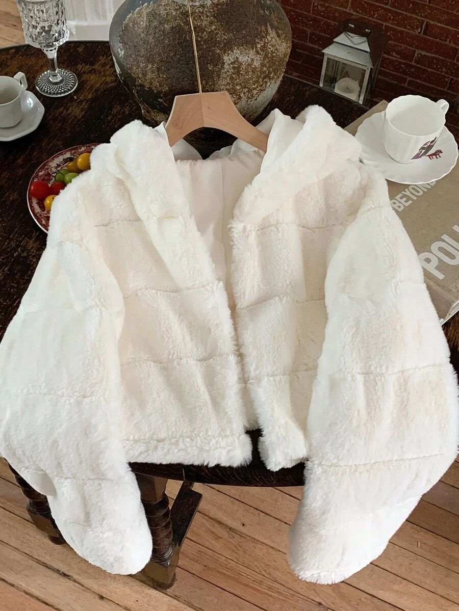Comfortcana Women's Fashionable White Short Hooded Faux Fur Coat In Fall/Winter - White - View 1
