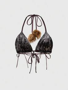 ROMWE Hippie Y2K Sexy Lace-Up Faux Fur Bikini Set For Women - Pink - View 6